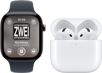Apple Watch Series 12, Aluminiumgehäuse, Farbe Schwarz, Sportarmband Schwarz, Apple Music App geöffnet, gekoppelt mit AirPods 4